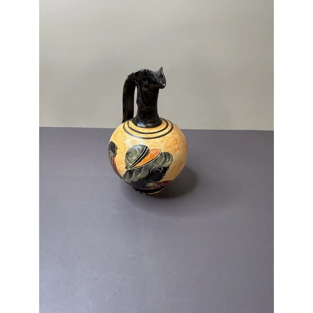 Three Orange Miniature hand painted Ancient Greek Vases measuring 3 1/2 -4